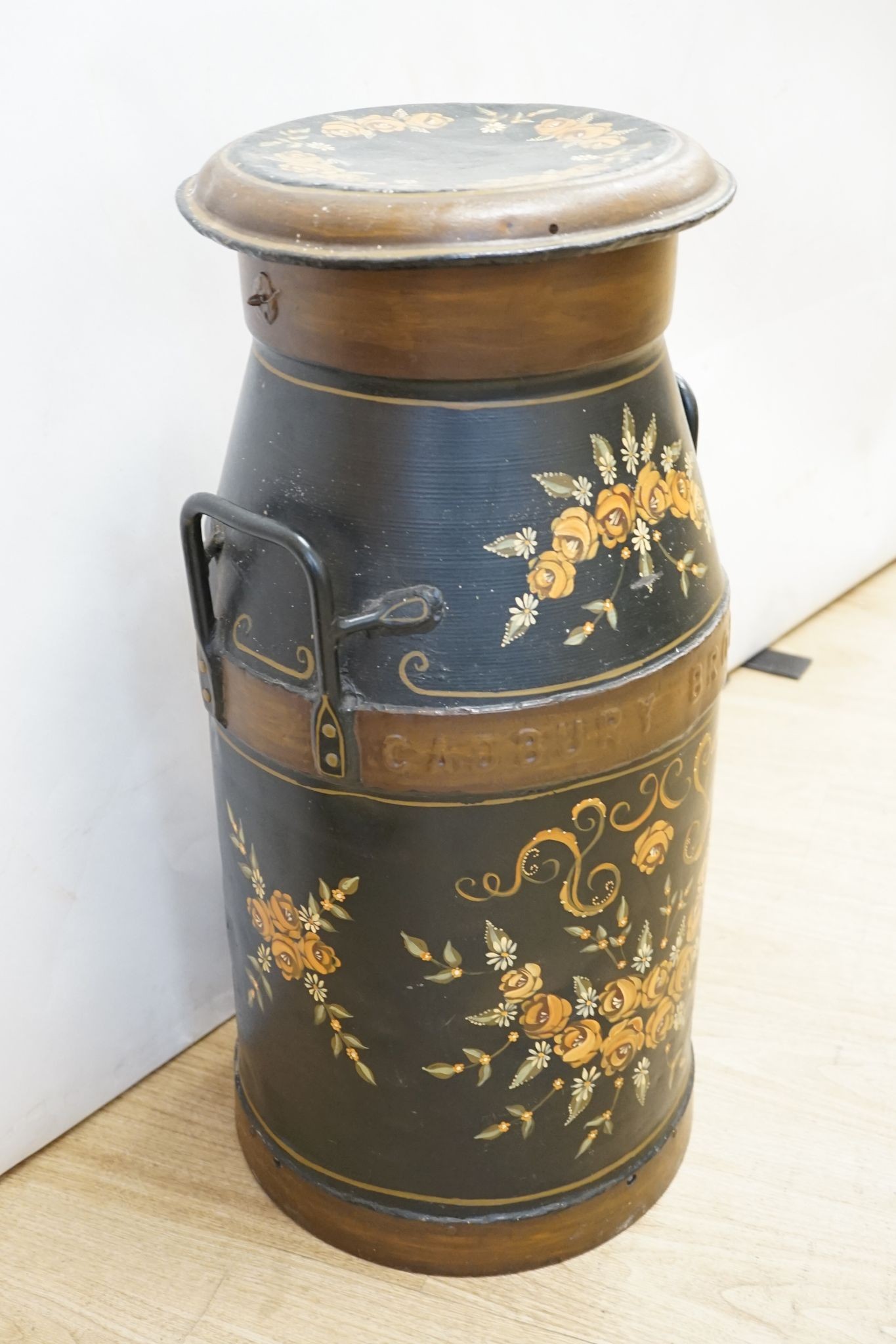 Cadbury Bro Ltd toleware churn, floral painted, 72cm